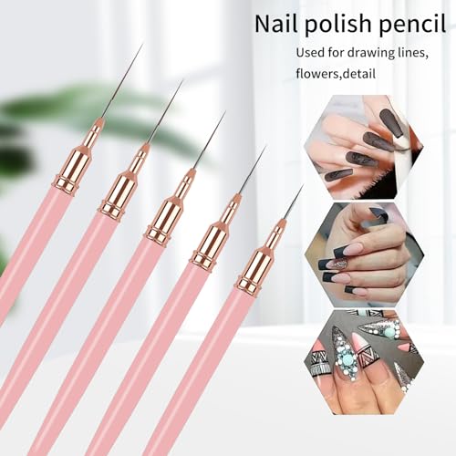 5PCS Liner Brushes for Nails, Nail Art Liner Brushes Set, 6/9/12/15/18mm Thin Detail Brush for Long Lines & Fine Drawing, UV Gel Polish Painting Nail Design Tools - Pink - color: Pink