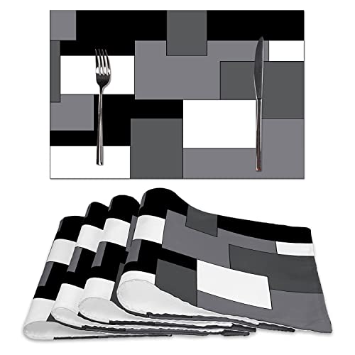 Grey Black White Placemats Set of 4,Geometric Square Table Place Mats Waterproof Burlap Washable Dining Placemats for Home Kitchen Decorations (Grey Black, 12" Wx18 L) - color: Grey Black