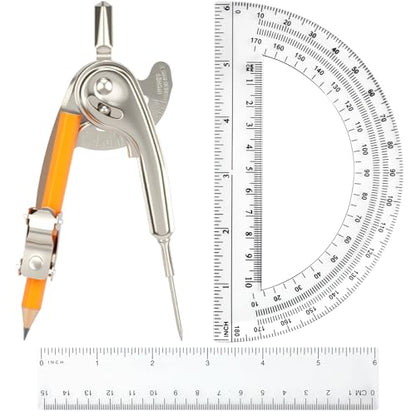 4 Pieces Geometry Math Set Compass for Geometry Math Compass and Protractor Set Include Metal Compass with Pencil Plastic Ruler and Protractor for Student School Office Woodworking Drawing Tools