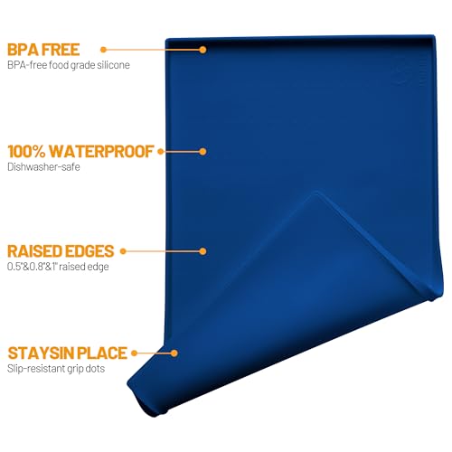 Hubulk Dog Feeding Mat,100% Waterproof Food Grade Silicone Pet Food and Water Bowl Placemat,Dishwasher, High Raised Edge to Prevent Spills,Nonslip Tray to Stop Messes on Floor（28"x18"x0.8", Navy） - color: Navy, size: 28"l X 18"w