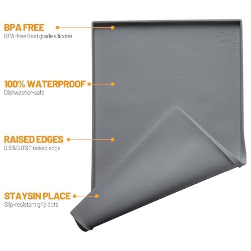 Hubulk Dog Feeding Mat,100% Waterproof Food Grade Silicone Pet Food and Water Bowl Placemat,Dishwasher, High Raised Edge to Prevent Spills,Nonslip Tray to Stop Messes on Floor (32"x24"x1.0", Grey) - color: Grey, size: 32"l X 24"w