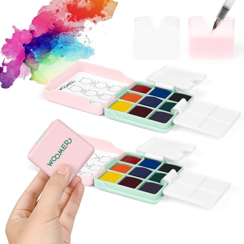 Woomer Pocket Watercolor Paint Set, 9 Vivid Colors Travel Watercolor Paint with 2 Foldable Palettes, Wash Cup, Perfect Water Color Set for Beginner Enthusiast Gift (9 Colors*2 Pack) - color: 9 Colors *2 Pack