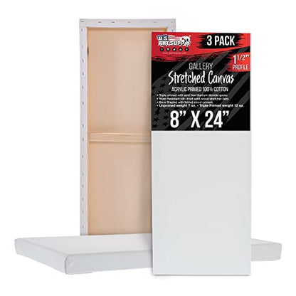 U.S. Art Supply Rectangle Stretched Canvas for Painting 8x24 inch Gallery Depth 1-1/2" Thick, 3-Pack - 12oz Acrylic Gesso Triple Primed, Professional Artist Quality, 100% Cotton - Oil, Pouring Paint - size: 8" x 24"