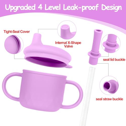 Mity rain 3-In-1 Stainless Steel Sippy Cup for 6+ Month Old, Baby Straw Cups for Toddlers 1-3 with Travel Lid, Silicone Straw, Replacement Straw & Cleaning Brush - 8oz Toddler Cups Spill Proof Set - color: Purple