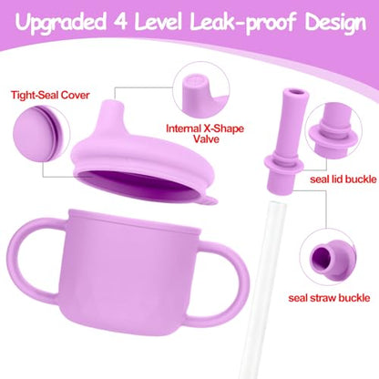 Mity rain 3-In-1 Stainless Steel Sippy Cup for 6+ Month Old, Baby Straw Cups for Toddlers 1-3 with Travel Lid, Silicone Straw, Replacement Straw & Cleaning Brush - 8oz Toddler Cups Spill Proof Set - color: Purple