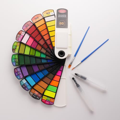 Collapsible Watercolor Paint Set with 60 colors with 2 refillable water brush pens, 2 brushes and palettes, washable Watercolor paint set for students, adults and painting enthusiasts