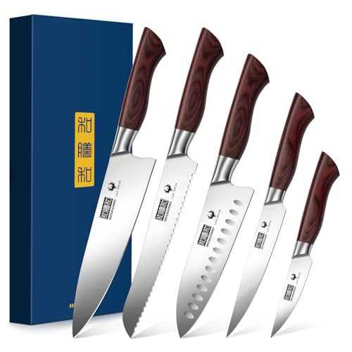 HOSHANHO 5-Piece Japanese Style Kitchen Knife Set,Professional Ultra Sharp High-Carbon Stainless Steel Chefs Knives with Ergonomic Wood Handle,Elegant Box Packaging - size: 5 Pieces Knife Set
