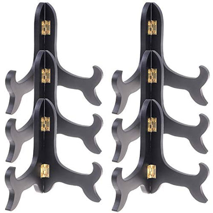 LOCOLO 6 Pack 5 Inch Wooden Display Stands Black Foldable Wood Easel Stands with Gold Latch, Adjustable Width Plate Holders for Picture Frames Decorative Plates Artwork Cookbooks Tabletop Display