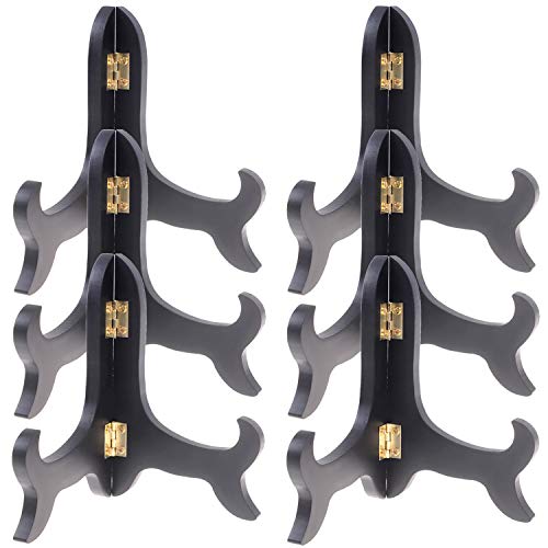 LOCOLO 6 Pack 5 Inch Wooden Display Stands Black Foldable Wood Easel Stands with Gold Latch, Adjustable Width Plate Holders for Picture Frames Decorative Plates Artwork Cookbooks Tabletop Display