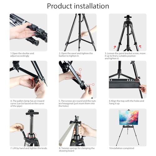 Art Easel Aluminum Alloy Portable Extendable Easel with Hand Crank Adjustable to 61.8 '' Drawing Board Holder, Compass, Level and Storage Bag -for Artists, Painters, Sketching, Outdoor Painting - style: Black