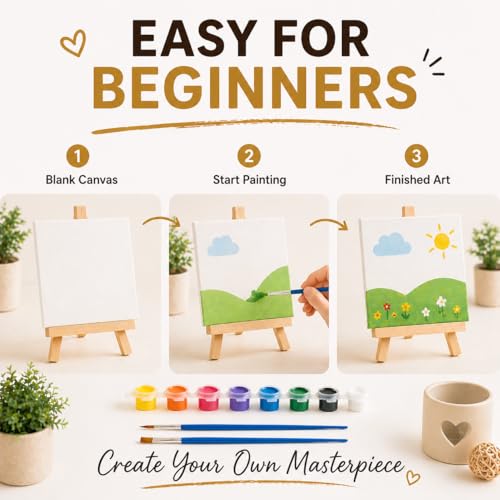 10 Set Mini Acrylic Paint Kit, Mini Canvas with Wooden Easels Acrylic Paints Strips, Minis Easel with Canvases for Kids Adults Classroom Birthday Painting Party (6 x 6Inch)