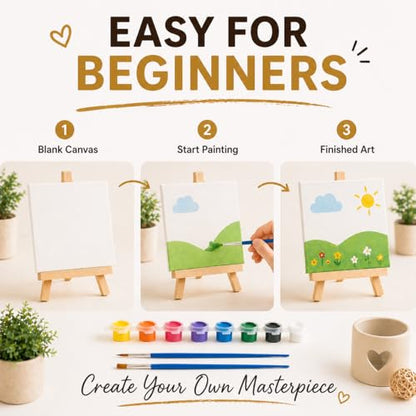 10 Set Mini Acrylic Paint Kit, Mini Canvas with Wooden Easels Acrylic Paints Strips, Minis Easel with Canvases for Kids Adults Classroom Birthday Painting Party (6 x 6Inch)