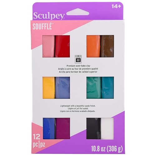 Polyform Sculpey Soufflé Polymer Oven-Bake Clay, 12 color set, Non Toxic, 10.8 oz., Great for jewelry making, holiday, DIY, mixed media and more! Premium light-weight oven bake clay.