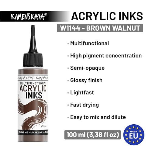 KAMENSKAYA Acrylic Inks for Artists - Brown Walnut Acrylic Ink, 3.38 Fl Oz (100 ml) - color: Brown Walnut