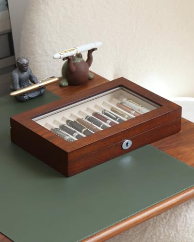 Fountain Pen Display Case with 12 Pens, Wood Pen Display Box, Lockable Pen Storage Box with Glass Top, Pen Box Organizer, Pen Collection Display Case (Brown with White Velvet) - color: Brown 12 Slots, White Velvet