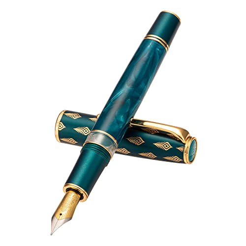 Hongdian N7 Blue Peacock Resin Piston Fountain Pen, Iridium Fine Nib Classic Pen, Smooth Writing Pen with Metal Box - color: Blue-N7, style: Fine Point