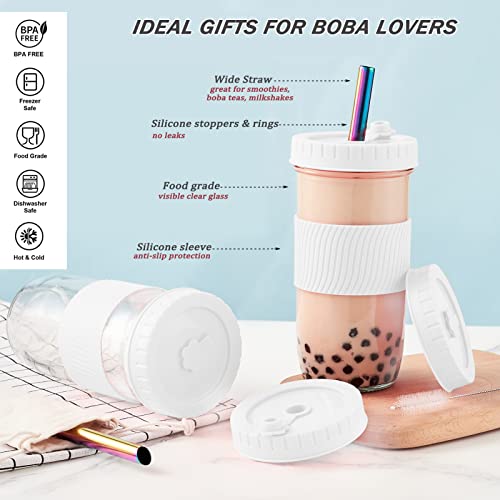 Amyoole 2 Pack Reusable Boba Cup,24Oz Wide Mouth Smoothie Cup,mason Jar Glass Cups with Lids and Straws,Bubble/Boba Tea Cups,Ice Coffee Tumbler 2 colored straws 1 sponge brush(White) - color: White