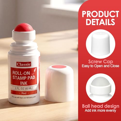 MotiMind 2 Pack Red Roll-on Stamp Pad Ink Refill 2 oz Roll-on Ink Refill Self Inking Stamps Pads Red Replacement Roller for Foam Felt Stamp Pads Pad with Roller Ball - color: Red