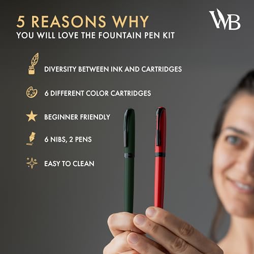 Wordsworth and Black Fountain Pen Set - Green - Includes 2 Pens, 18 ML Ink Bottle, 60 Ink Cartridges, A Refill Converter, 1 Medium and 4 Broad Nibs, Brush Pen - Fountain Pen Kit for Beginners - color: Red and Green
