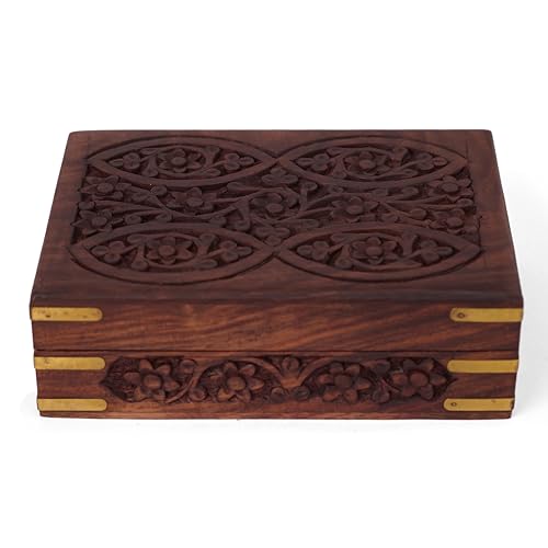 GURU JEE Ornate Hand Carved Wooden Tarot Card Trinket Box with Brass Corners - color: EYEFL_7X5