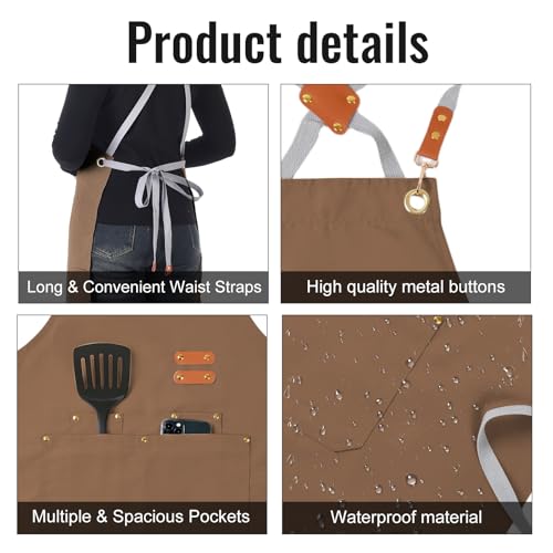 Aoomzoon Durable Kitchen Apron,Multifunctional Chef Aprons for Women & Men with Pockets for Cooking Baking & Daily Use - color: Brown