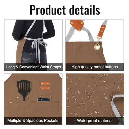 Aoomzoon Durable Kitchen Apron,Multifunctional Chef Aprons for Women & Men with Pockets for Cooking Baking & Daily Use - color: Brown