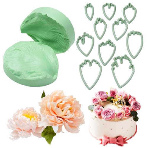 KALAIEN Flower Silicone Mold, 10 Pcs Gumpaste Cutters, 2 Pcs Peony Petal Fondant Veining Molds for Sugarcraft Flower Decorating Mold - color: Peony