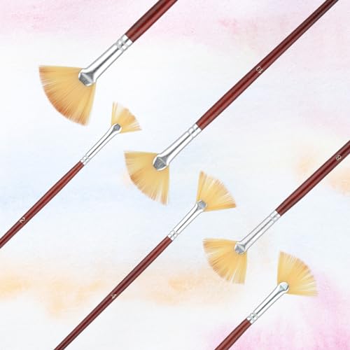 Prasacco 6 Pieces Artist Fan Paint Brush Set, Professional Acrylic Paint Brushes with Nylon Hair DIY Craft Long Wood Handle Fan Paint Brushes for Acrylic Watercolor Oil Painting, Rock Painting