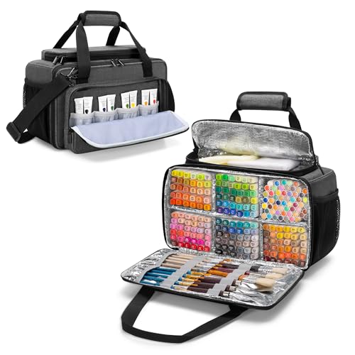 GRAOSO Marker Storage Bag Marker Case Organizer Hold up to 216 Markers, Carrying Case with Shoulder Strap and Handle, with Dividers and Easy Cleaning Liner (Markers Length up to 5.1"/13 cm), Grey