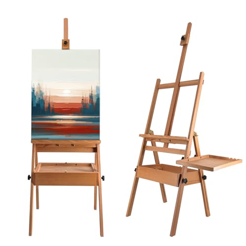 Large Solid Beech Wood Painting Easel with Storage Drawer and Palette (60"~75" H), H-Frame Foldable Wooden Easel Stand with Signature Box for Adults and Students, Holder up to 36'' - style: Easel Pro