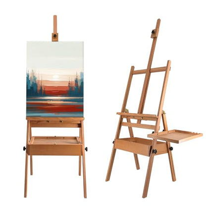 Large Solid Beech Wood Painting Easel with Storage Drawer and Palette (60"~75" H), H-Frame Foldable Wooden Easel Stand with Signature Box for Adults and Students, Holder up to 36'' - style: Easel Pro