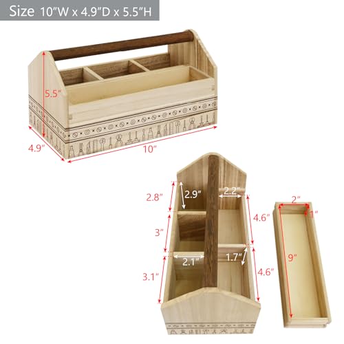 Ikee Design Small Wooden 5-Compartment Craft Tool Box Caddy with Drawer and Handle, Desk Art Supply Storage Organizer for Craft Tools, Makeup Essentials, 10 W x 4.9 D x 5.5 H in - color: Natural with Pattern