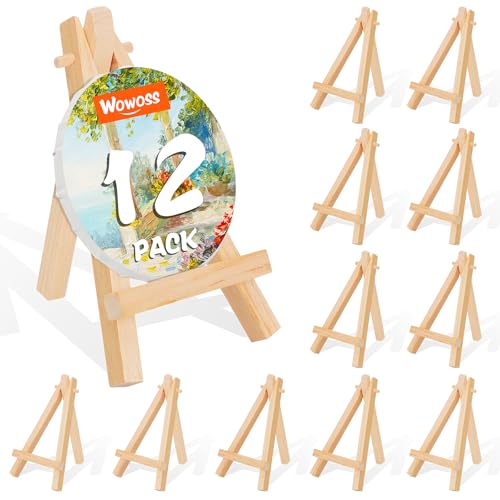 12 Pack 5" Mini Wood Display Easel, Natural Wooden Tripod Holder Stand for Displaying Small Canvases, Business Cards, Photos