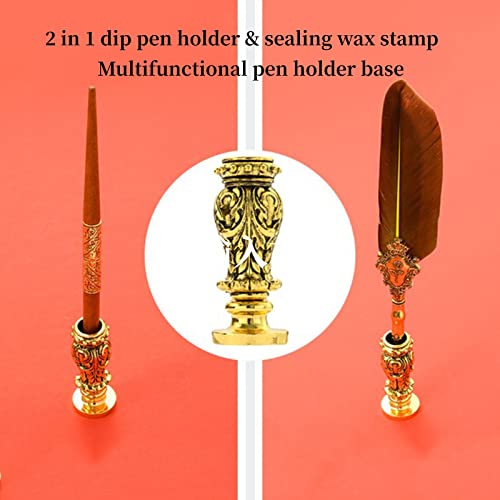 Joyeee Real Feather Quill Pen and Ink Set, Include Sealing Wax Stamp Kit for Wedding, Wooden Calligraphy Dip Pens, 17 Replacement Nibs, Wax Seal Stick for Stamp Seals, Dark Yellow - color: #111 Dark yellow
