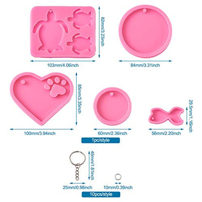 Craftdady 5pcs Key Chain Pendant Silicone Molds Flat Round Turtle Heart Mermaid Fishtail Resin Casting Molds with Key Rings Jump Rings for Keychain Jewelry Craft Making - color: Pink,Keychain,5pcs