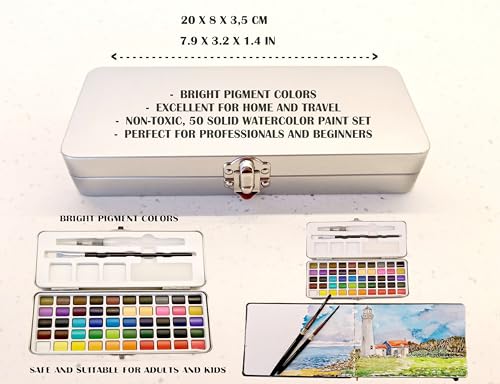 EG Liberty 50 Color Solid Watercolor Paint Set, Professional Artist Watercolors, Metal Tin Kit with Brushes and Mixing Palette