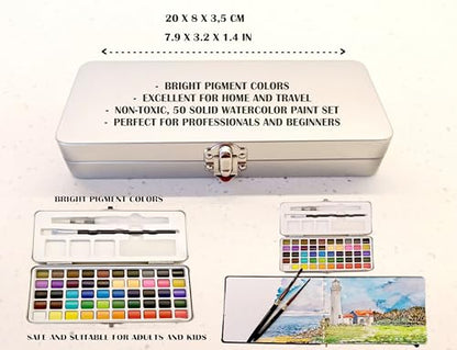 EG Liberty 50 Color Solid Watercolor Paint Set, Professional Artist Watercolors, Metal Tin Kit with Brushes and Mixing Palette