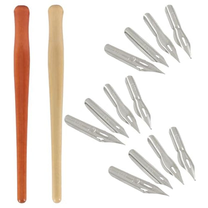 Hitefu 14 Pcs Wooden Dip Pens Set with Stainless Steel Pen nibs for Calligraphy, Manga, Writing, Drawing, Signing – Includes 2 Holders + 12 Assorted Nibs