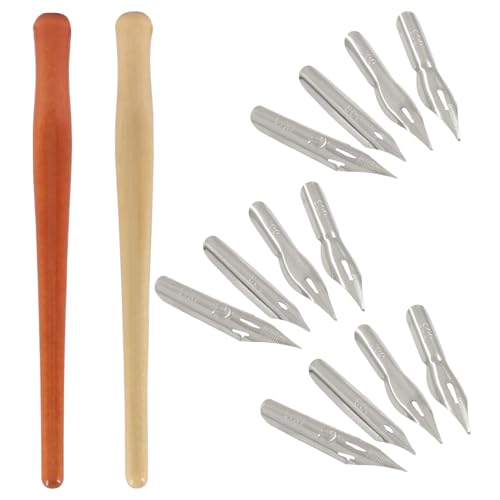Hitefu 14 Pcs Wooden Dip Pens Set with Stainless Steel Pen nibs for Calligraphy, Manga, Writing, Drawing, Signing – Includes 2 Holders + 12 Assorted Nibs