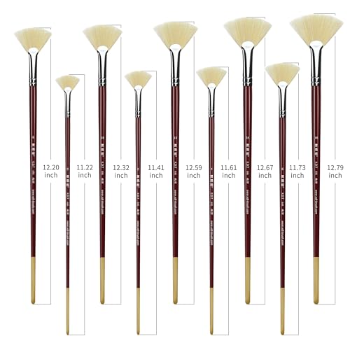 XDT#646 Fan Artist Paint Brush 9 Piece Set Medium Stiff Hog Bristle Extra Long Handle #0#2#4#6#8#10#12#14#16, Acrylic Oil Watercolor - size: Hog Bristle 9Pc