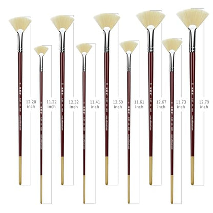 XDT#646 Fan Artist Paint Brush 9 Piece Set Medium Stiff Hog Bristle Extra Long Handle #0#2#4#6#8#10#12#14#16, Acrylic Oil Watercolor - size: Hog Bristle 9Pc