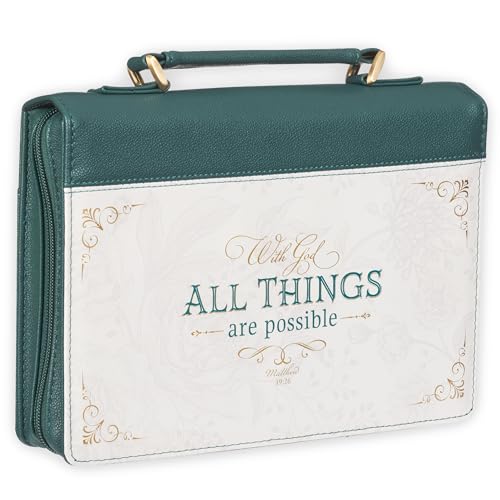 Christian Art Gifts Fashion Teal Bible Cover for Women: All Things are Possible - Mat. 19:26 Inspirational Scripture, Vegan Leather Book Carry Case w/Sleeves, Gold Zip, Pocket & Pen Storage, Large - color: Teal/All Things, size: Large