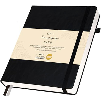Thick Lined Journal Notebook 8.5x11" with Big A4 Hardcover Leather - Black - 300 Pages College Ruled Large with Sticky Tabs, Pockets, & Pen Loop for Writing and Journaling - Hard Cover Fancy Notebook - color: Black, size: A4 300 Pages