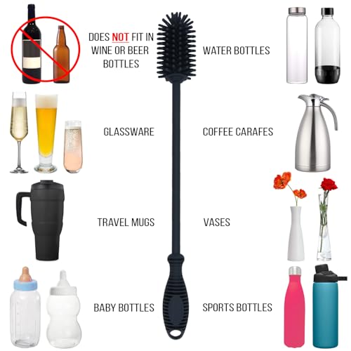 Kitchiny Silicone Bottle Brush with 2 Straw Cleaners - 12.5” Water Bottle Cleaner Brush for Yeti, Hydro Flask, Owala, Stanley, Baby Bottles, Glassware, Vases & Narrow Neck Containers - Grey - color: Gray