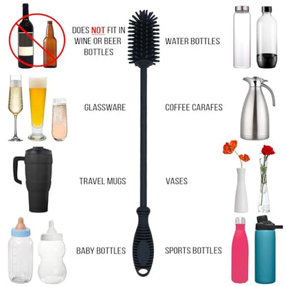 Kitchiny Silicone Bottle Brush with 2 Straw Cleaners - 12.5” Water Bottle Cleaner Brush for Yeti, Hydro Flask, Owala, Stanley, Baby Bottles, Glassware, Vases & Narrow Neck Containers - Grey - color: Gray