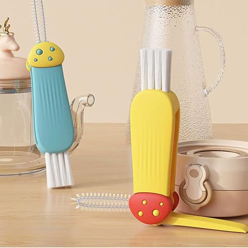 3 Pcs 3 in 1 Cup Lid Gap Cleaning Brush Multifunctional Bottle Cleaning Brush for Water Bottle Cup Lid Gap for Gaps of Various Containers - color: Yellow Blue(mushroom)