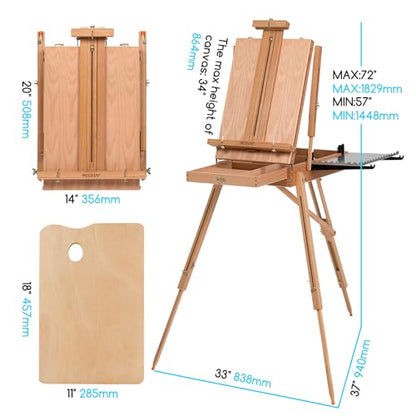 MEEDEN French Easel, Large Sketchbox Easel - Foldable Portable Beechwood Field Art Easel with Drawer, Palette & Metal Tray for Professionals, Artists & Hobbyists Painting on the Go, Hold Canvas to 34"