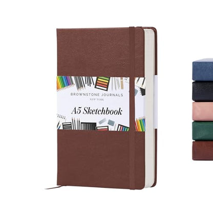 BROWNSTONE JOURNALS A5 Sketch Book Hardcover - 80 Sheets 100 GSM Paper 5"x8", Lay Flat, Vegan Leather Cover, Elastic Band, Back Pocket, Art Drawing Book (Chestnut Brown) - color: Chestnut Brown, size: A5 (5" x 8")