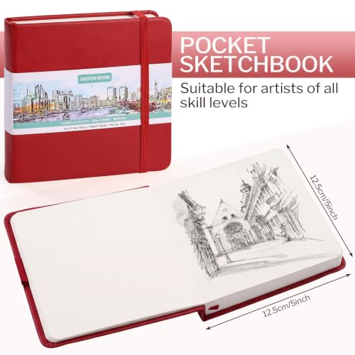 Prudiut Hardcover Pocket Sketchbook, 5" x 5" Square Mini Sketchbook, 98lb/160gsm Heavyweight Tiny Sketch Book, 80 Sheets Small Travel Drawing Journal for Adults, Artist, Ideal for Gift (Red) - color: Red