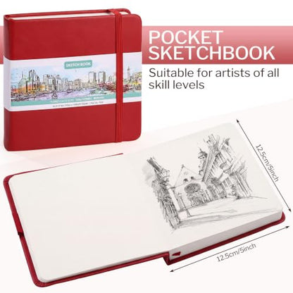 Prudiut Hardcover Pocket Sketchbook, 5" x 5" Square Mini Sketchbook, 98lb/160gsm Heavyweight Tiny Sketch Book, 80 Sheets Small Travel Drawing Journal for Adults, Artist, Ideal for Gift (Red) - color: Red